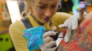 Pornstar Tattoo Artist gets Assfucked from Customer - hard Anal, ATM, facial cumshoot