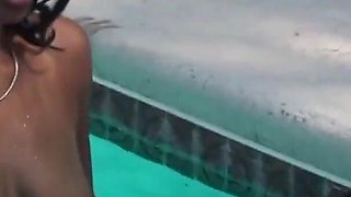 Hot and Pregnant Black Lesbian Fucks Her Firend in and Beside the Outdoor Pool