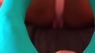 Footjob in Blue Nylon Stockings - Cum on Her Feet