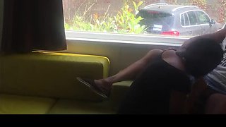 Risky Public Blowjob In Front Of Window - Hot Brunette MILF Wife On Her Knees Outdoor Camping