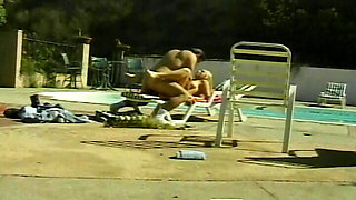 Blonde bombshell fucked by the pool
