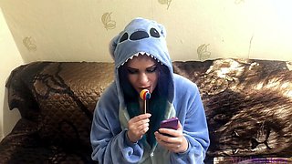 Emo Girlfriend Sucks Lollipop and Something Else in Stitch Cosplay