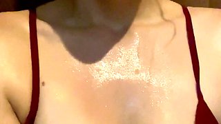 Teen brunette cheerleader squeezes boobs and masturbates