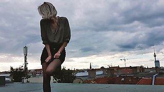 Slutty amateur blonde smoking and jerking dick