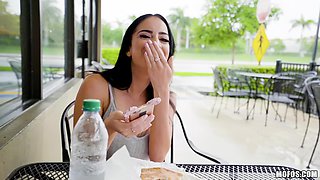 Victoria June shows her pussy under the table