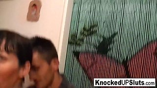 Knocked up brunette gets DP'd with a cock and a toy