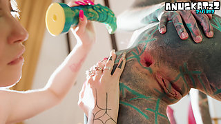 Lesbian tattoo goth girls intimate anal dildo stretching