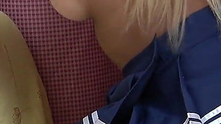 View Under the Desk, Tanned Busty Miniskirt Student Uniform Girl's Natural Tits, Big Ass, Thighs, Legs, Thong Panties, Camel Toe