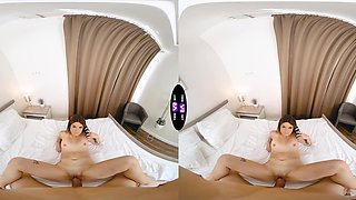 Natural tits of cute brunette in long hair during missionary sex