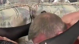 Sexy curly Milf sucks and fucks on huge cock on the couch