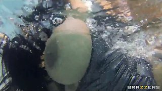 Latina MILF with huge boobs fucks the pool boy in the pool