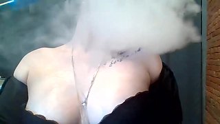 I Am Teasing You with My Big Sensual Red Lips, Covering Them More and More in Lipstick, Smoking Hookah and Blowing