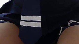 Miniskirt Apron Uniform and Micro Thong Wedgie Ass and Pussy, Natural Tits Slender Japanese Girl Sexy Exercise Tease