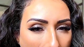 Busty curly brunette with big boobs fucks on couch