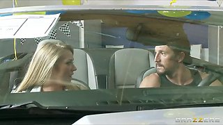 Busty blonde saleswoman Brynn Tyler makes a sale & rides big-dick