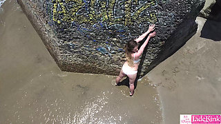Slutty Porn Star Models on Public Beach