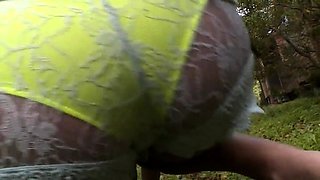 Blonde is flashing her big boobs in the outdoors