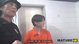 Mature4k. red haired mature slut is having porn in jail bathroom while everyone is watching