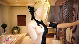 Cosplay Saber enjoys Latex  with lust and soaking wet crotch