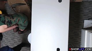 Slender teen caught stealing and fucked by a security guy