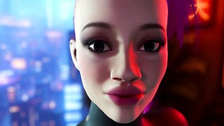 Sexy cyberpunk girl big tits gets huge cumshot on her back