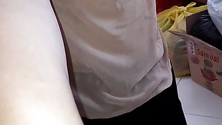 Sweating and cumming wearing woman blouse and satin velvet skirt