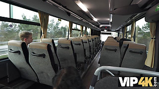 VIP4K. Pretty big titted lady is fucking in the bus