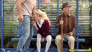 Petite blonde babe, Riley Star is sucking and riding dick on a bus station, during the day