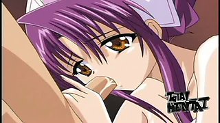 Purple haired super bosomy animated nympho gives a terrific blowjob