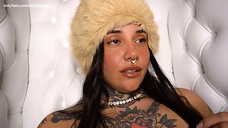 Curvy tattooed Latina Millie Sugarx loves a small dick and practices some serious femdom