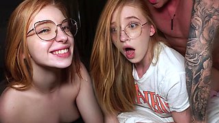 Cheerleader Redhead in Glasses Rides Tattooed Stud and Takes a Hot Facial Finish
