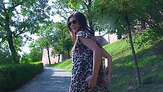 Sexy Brunette Teen Kattye Flashing Boobs and Pussy at the Park