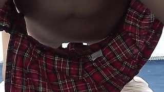 G-string Panties Wedgie and Camel Toes Revealed, Busty Japanese Girl Doing Sexy Yoga in Too Short Miniskirt Uniform