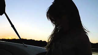 Ukrainian bombshell relaxed nude on boat