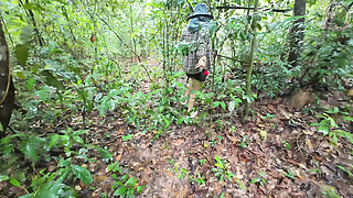 Thai girls walk and play to pick mushrooms in the forest, secretly showing in the deep forest. Clear Thai voice