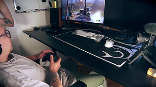 Stepmom Seduces Stepson Under Desk for Facial While He Games