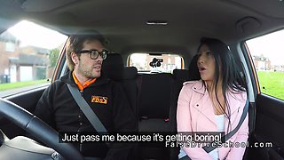 Busty tanned babe fucks in driving school car