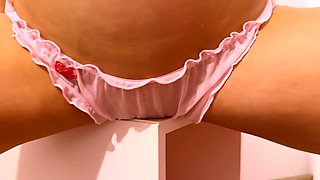 Hottie In Cute Pink Panties Rubs Pussy Against The Table. Corner Humping Orgasm