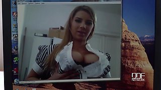 Busty babe's office fun