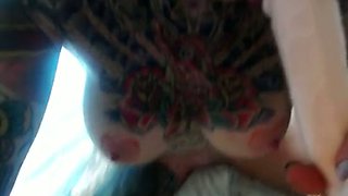 Smoking hot tattooed babe poking throbbing vagina with big dildo while on webcam with me