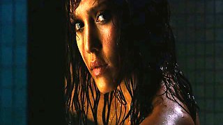 Jessica Alba standing naked in a shower, one leg bent in