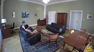 HUNT4K. Dark Hair Erica Black rides guy's rod in front..