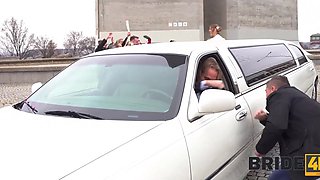Naughty bride Alexis Crystal gets fucked in the back seat of a luxury limo