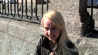 Blonde sweet sexy Russian girl flashes her small breasts in public
