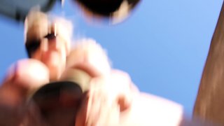 Blonde is flashing her big boobs in the outdoors