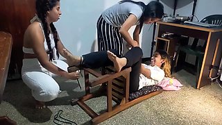 Ticklish Latinas Ale gets tickled on her feet and belly by