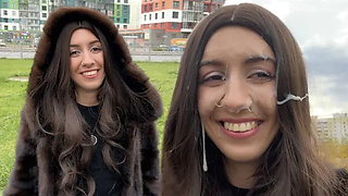 Girl in Fur Coat Thanks Guy for Helping with Broken Car and Lets Him Cum on Face