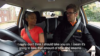 Natural busty ebony fucks instructor in his car