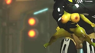 Alien sex in a starship. Female green alien gets fucked by a big monster