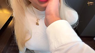 Blonde secretary reminds boss to take a break to relax with her on the couch POV